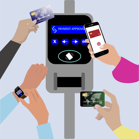 Wireless contactless cashless payments card and device, rfid and nfc. Pay pass with credit card, smart watch and smartphone. Vector illustrationのイラスト素材
