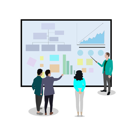 Business presentation and team meeting, abstract flat style. Corporate teamwork discussion, communication business partner about new project. Vector illustrationのイラスト素材