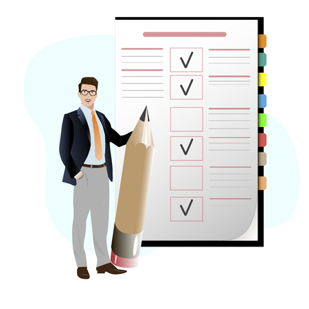 Business man with pencil check to do list. Clipboard with check, business plan checklist, checkmark achievement goal, vector illustrationのイラスト素材