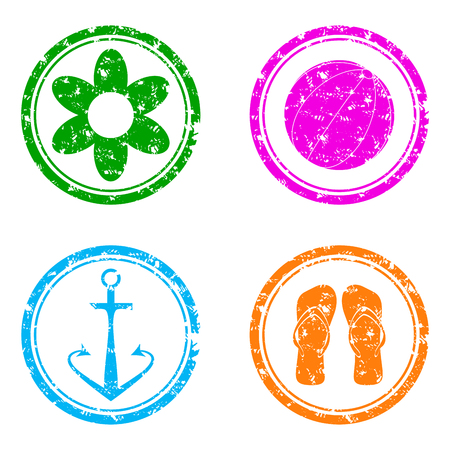 Summer rubber stamp symbol flower and flip-flops. Conceptual summer icons. Vector illustrationのイラスト素材