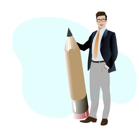 Businesman creative hold big pencil. Businessman journalist, blogger and writing, copywriter editor illustrationのイラスト素材