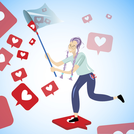 Girl grabbing like and hearts. Vector young grabbing heart online, addiction form notification, catching and grab feedback illustrationのイラスト素材