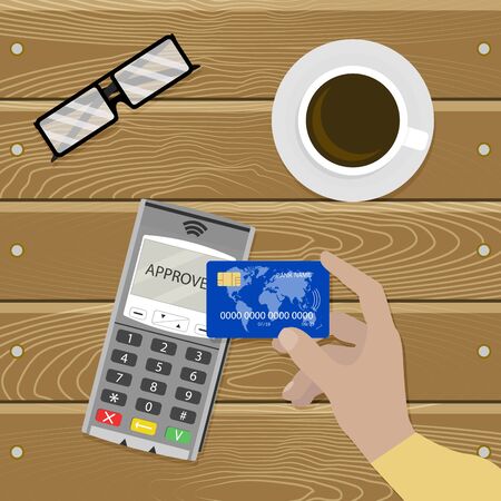 Payment nfc contactless, cashless transaction vector. Pay use credit card rfid, illustration banking electronic terminal, pos device for payment acceptanceのイラスト素材