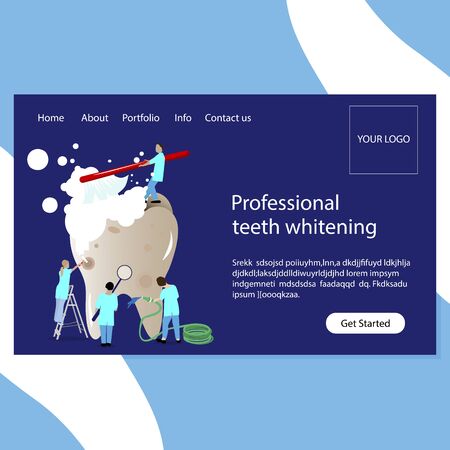 Teeth whitening and stomatology clinic website page. Professional team dentists do whitening. Clean teech, wash and recovery . Vector illustrationのイラスト素材