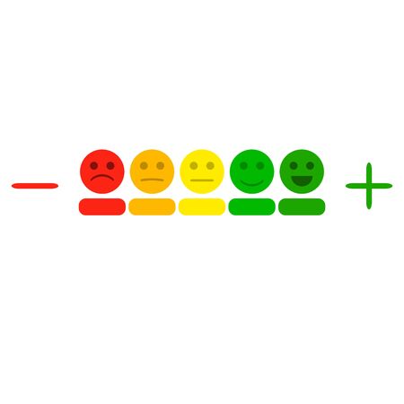 Plus and minus indicator with colored smileys. Illustration rating level measurement, smile measure scale, indicator meter chart vectorのイラスト素材