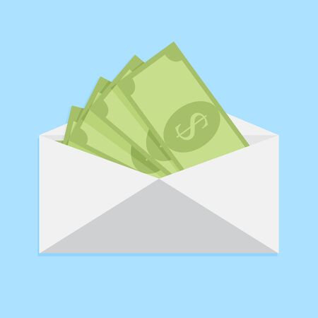 Wage in envelope, cash salary or financial compensation. Vector reward and finance bonus, cash bribe, extra wage illustrationのイラスト素材