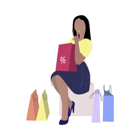 Woman in boutique with purchase. Shopper and packs. Illustration shopaholic, buyer in store vectorのイラスト素材