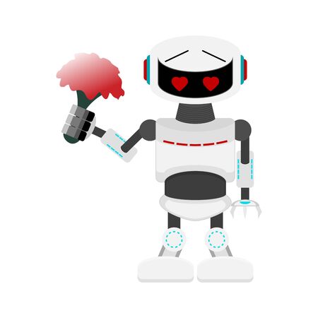 Robot in love with bouquet flowers. Love artificial intelligence, robot machine for valentine day card, character intelligence, humanoid valentine lover, vector illustrationのイラスト素材