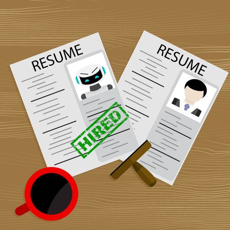 Hiring robot, choosing human or robot candidate for job. Vector headhunter workplace, illustration choose characters hr artificial and man, Hired ai to work in company. Cyborg approved for jobのイラスト素材