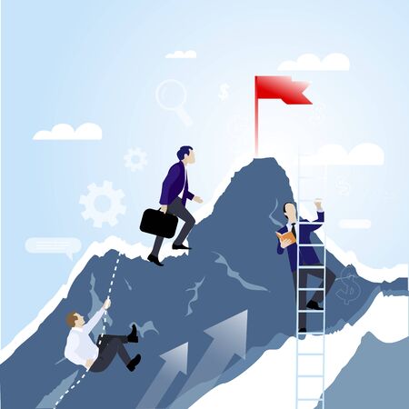 Teamwork concep. Businessmen together rise on mountain with flag. Vector mission company achieve top, illustration of collaboration and achievement, partnership growth successのイラスト素材