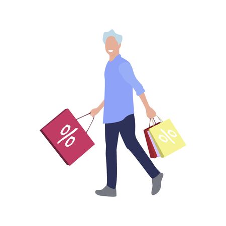 Man with shopping bag, sale and discount. Vector customer with purchase, people after shop illustration, buyer retail cartoon, consumer personのイラスト素材