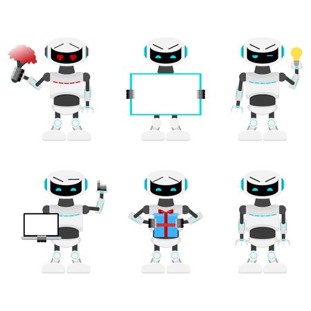 Robots set poses and action. Cyborg with laptop or flowers, mechanical present gift, robotic pose emotion with idea. Vector illustrationのイラスト素材
