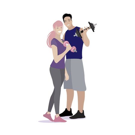 Lovely couple do fitness together. Boyfriend with dumbbell, wife and husband doing body fit, training fitness with love illustrationのイラスト素材
