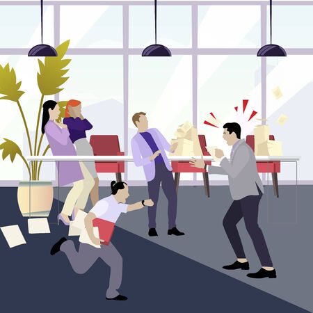 Angry boss shouting at employees. man stressfull. Office manager panic, employee missing, yelling mad and aggressive speech. Vector illustrationのイラスト素材