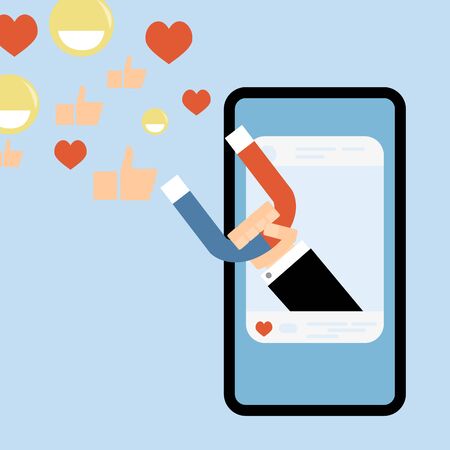 Social media influence, attract like, smile and attention. Influence online social media, business follow campaign, influencer strategy, feedback attract, vector illustrationのイラスト素材