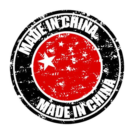 Made in china rubber stamp with red flag. Fabricated rubber seal, made in china texture stamp, chinese produce and industry, vector illustration. Manufacturing chinese insignia isolatedのイラスト素材