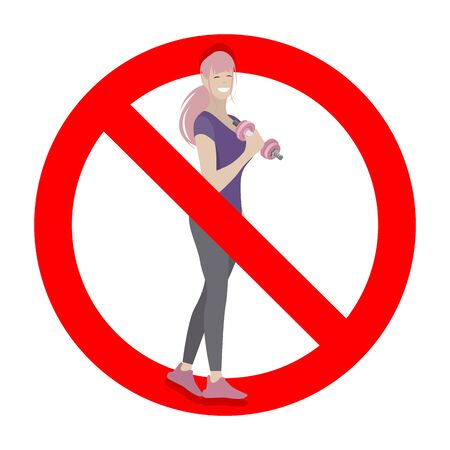 Restriction do exercise for women, ban symbol. Illustration forbidden girl training, non female lift strength in gym, stop heavy weight vectorのイラスト素材