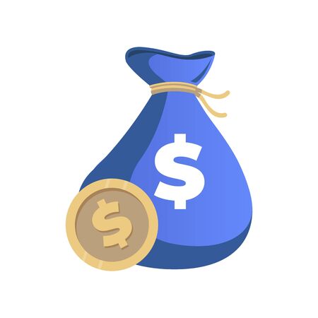 Money golden coin and full sack. Vector jackpot money, wealth and cash in sack illustration. Income and profit prize, fortune richのイラスト素材