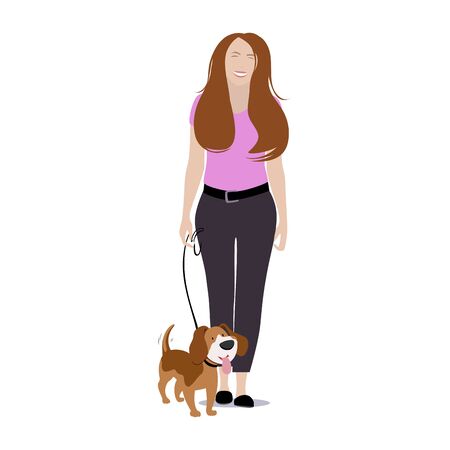 Woman walk with dog isolated on white background. Dog friend and female owner walking. Vector illustrationのイラスト素材