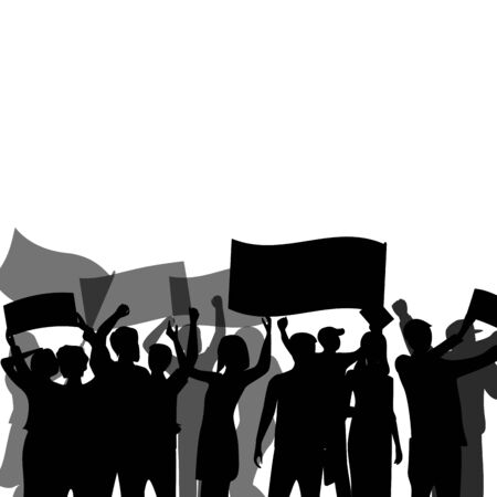 Black banner with crowd. People group meeting, resistance and activist, freedom revolution, cheering and protest, vector illustrationのイラスト素材