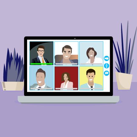 Video online conference meeting. Bussiness people conversation with laptop, watching and speak. Online friends meeeting in quarantine. Corporate teamwork distance. Vector training course illustrationのイラスト素材