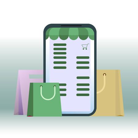 Shopping online, retail in smartphone. Mobile retail online, e-shopping by smartphone, store marketing with awning. Vector illustrationのイラスト素材