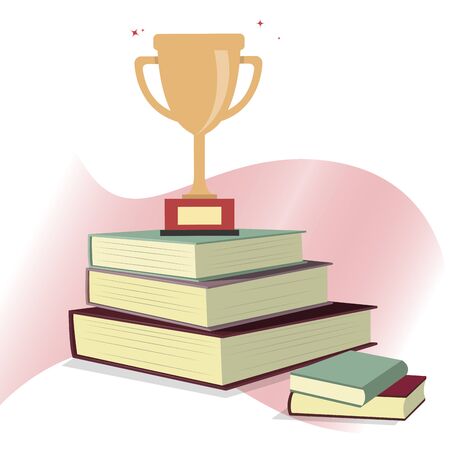 Stack book with golden cup, intellectual achievement. Success finish education, smart winner with prize, victory study and graduation, vector illustrationのイラスト素材