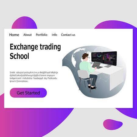 Exchange trading school landing template . Vector broker school, education cryptocurrency and studying buy sell bill illustrationのイラスト素材