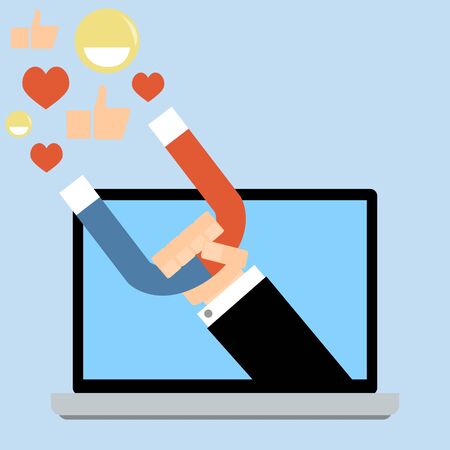 Attracting social media followers. Hand hold magnet from laptop. Attract content and followers, campaign strategy media, feedback from audience. Vector illustrationのイラスト素材