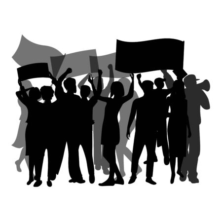Crowd black silhouette isolated. Fans celebration cheerful, group crowd championship, equality strike and festival with flag. Vector illustrationのイラスト素材