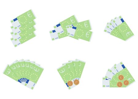 Euro currency, banknotes and coins. Vector finance euro cash, bank banknote to investment, europe banking collection illustration, european cash moneyのイラスト素材