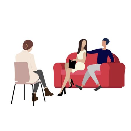 Couple woman and man visiting psychologist cabinet. Consultation psychological specialist, avoid divorce, find out decision. Vector illustrationのイラスト素材