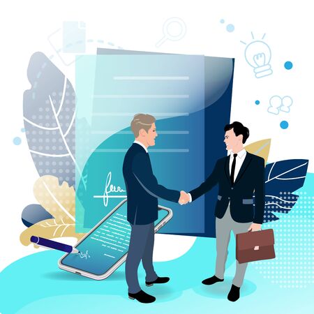 Good deal, signing business contract. Profitable partnership. Investor trust sponsor money, startup advantage, building handshaking teamwork. Vector cooperation signature illustrationのイラスト素材
