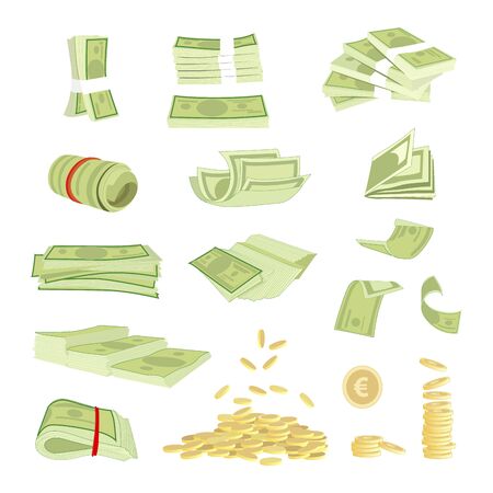 Money cash banknotes currency vector illustration. Various money bills dollar, paper bank notes and gold euro coins. Collection of cash heap pile, rolled stack and pile of coins, heap profit moneyのイラスト素材