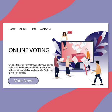 Online voting landing page for government and election center. Referendum and election app page, registration and vote, ballot-box and voter. Vector illustration. Stimulus campaign voteのイラスト素材