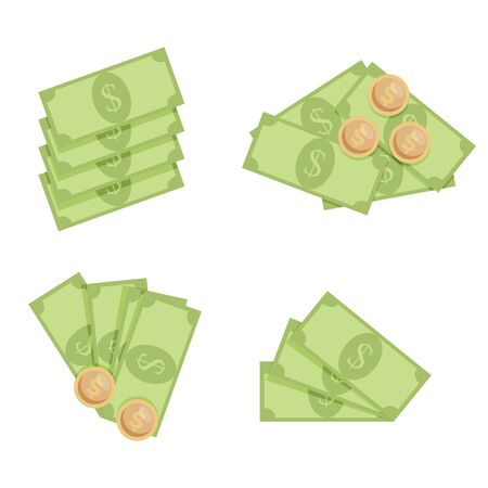 Cash money dollar, fan stack and pile with coins. Vector bank cash money isolated, finance banknote for payment, abundance and rich illustrationのイラスト素材