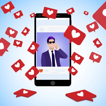 Famous blogger post, collect social icons red hearts, communication online using social media, handsome man page popular catch popularity. Vector illustrationのイラスト素材