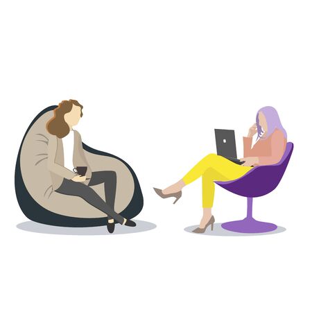 Psychotherapist consulting individual, mental problem solving, mental support by therapist, vector psychological help personal, appointment psychiatrist illustration, health psychological sessionのイラスト素材