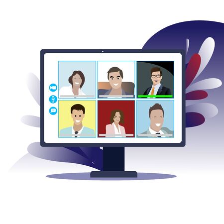 Online business conference in isolation period. Webinar conference communication, business video meeting screen, team work online using modern soft. Vector illustrationのイラスト素材
