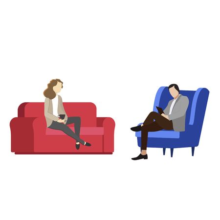 Reception with psychologist. Vector individual psychotherapy, therapy physician, solving psychological problem, psychotherapist consultation illustration, mental problem and mind helpのイラスト素材