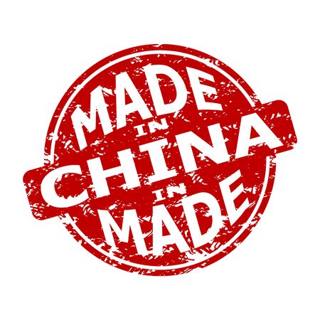 Rubber stamp made in china, texture seal. Manufacturing produce, fabricated and manufactured mark. China global produce country. Vector illustrationのイラスト素材