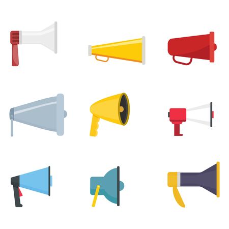 Set of megaphone flat color. Loud broadcasting, voice shouting, vector bullhorn and loudspeaker, broadcast media device collection, illustration announce and public attentionのイラスト素材