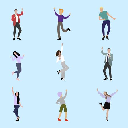 Happy people jumping and celebration. Male and female fun and success, jump active and cheerful, vector illustrationのイラスト素材