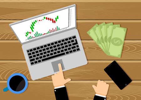 Work place broker, man sell and buy exchange. Workplace office with computer, business worker with finance, manager young online analysis. Vector illustrationのイラスト素材