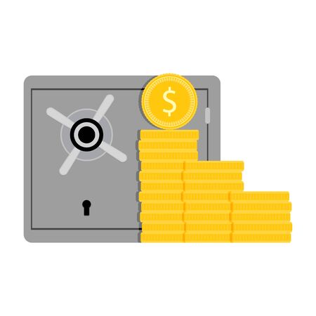 Safe closed with golden money coins, bank safety currency, stack coins and deposit box. Vector illustrationのイラスト素材