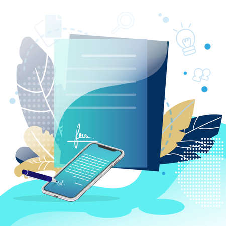 Digital signature and contract. Business deal and e-contract, business document agreement. Vector partnership with e-signature in smartphone. Illustration blockchain e-signature, checkout signatureのイラスト素材