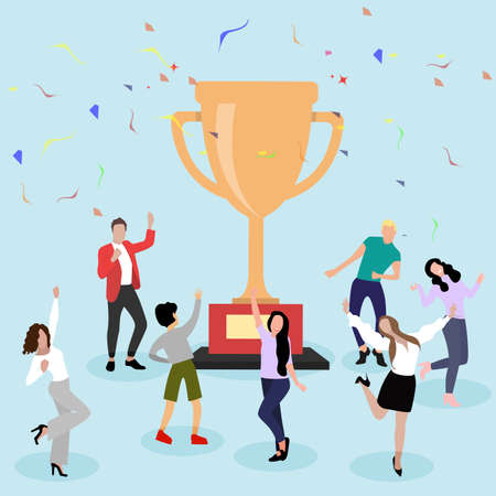 People celebrating around golden cup, successful team. Winner party with color confetti, team got success, businessman with prize, award and trophy, achieve goblet vector illustrationのイラスト素材