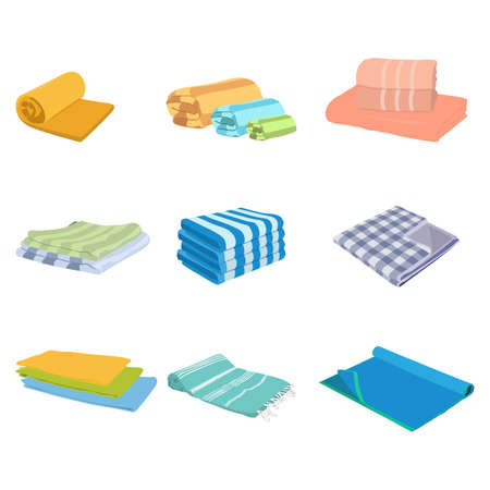Towel folded and roll. Vector microfiber towel for shower, beach fabric and checkered fresh cotton collection. Illustration domestic and for spa hotel, fluffy and fresh, kitchen or bathroom towelsのイラスト素材