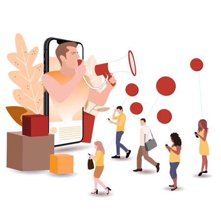 Promotion in social media. Man shouting with loudspeaker. Influence blogger online to audience, digital brand presentation, millennial trend, micro blog content, vector smm announce illustrationのイラスト素材