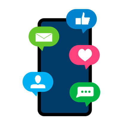 Notification smartphone speech bubble, friend like message notice. Vector smartphone with bubble chat, app notice follower or new friend and like illustration. Application notification colored iconsのイラスト素材